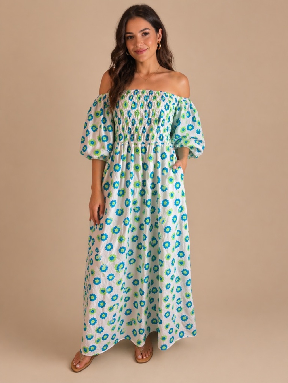 Beulah Style smocked puff sleeve midi w/pockets in floral green white - OS